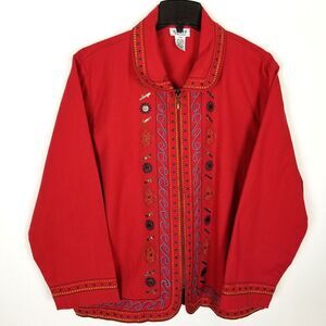 Graff by Um Company Women Embellished‎ Zip Up Jacket Sz 1X Red Artsy Boho